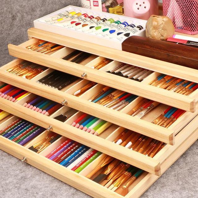 4 Layers Solid Wood Drawer Art Paintbrush Pencils Storage Box